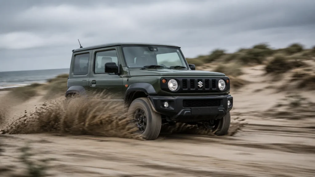 Suzuki Jimny driving through soft beach sand