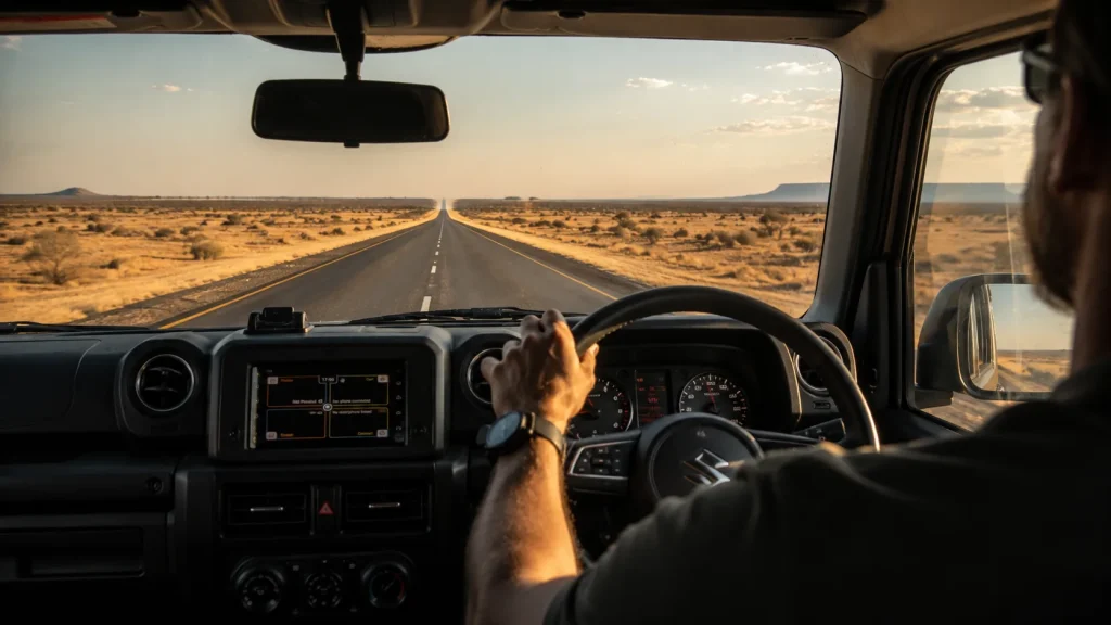 View from inside a Suzuki Jimny cruising an open highway