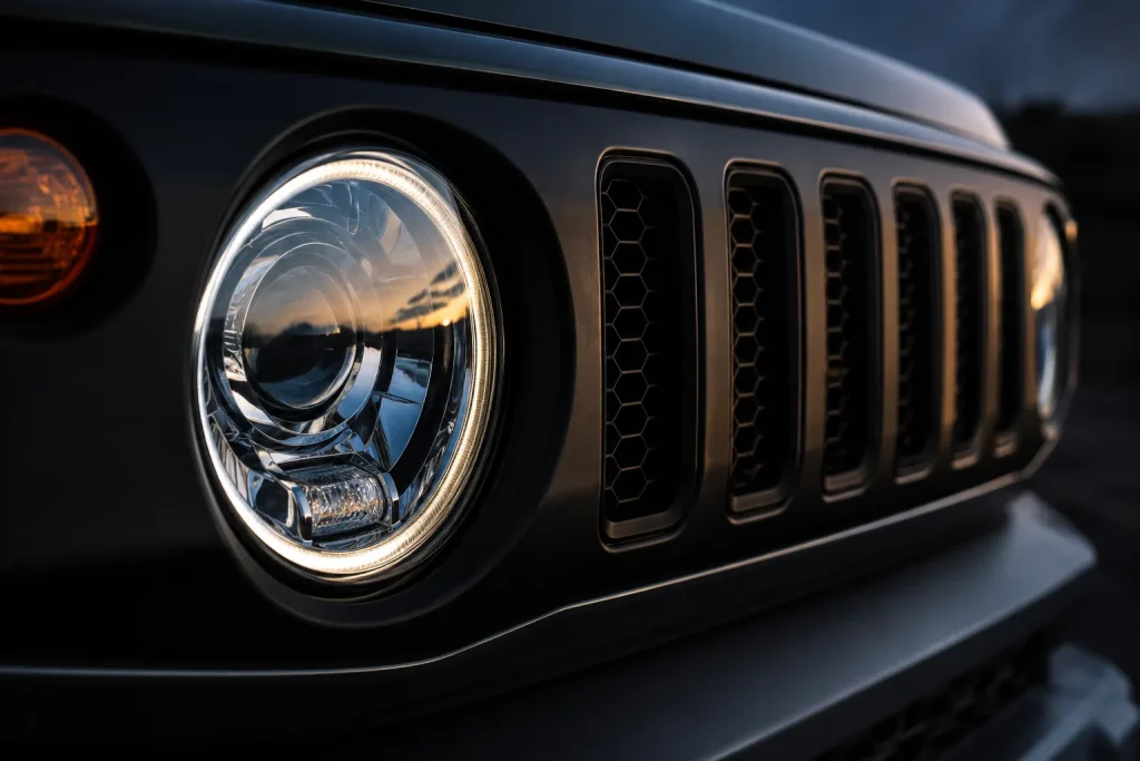 Close-up of the Suzuki Jimny round headlight and five-slot grille