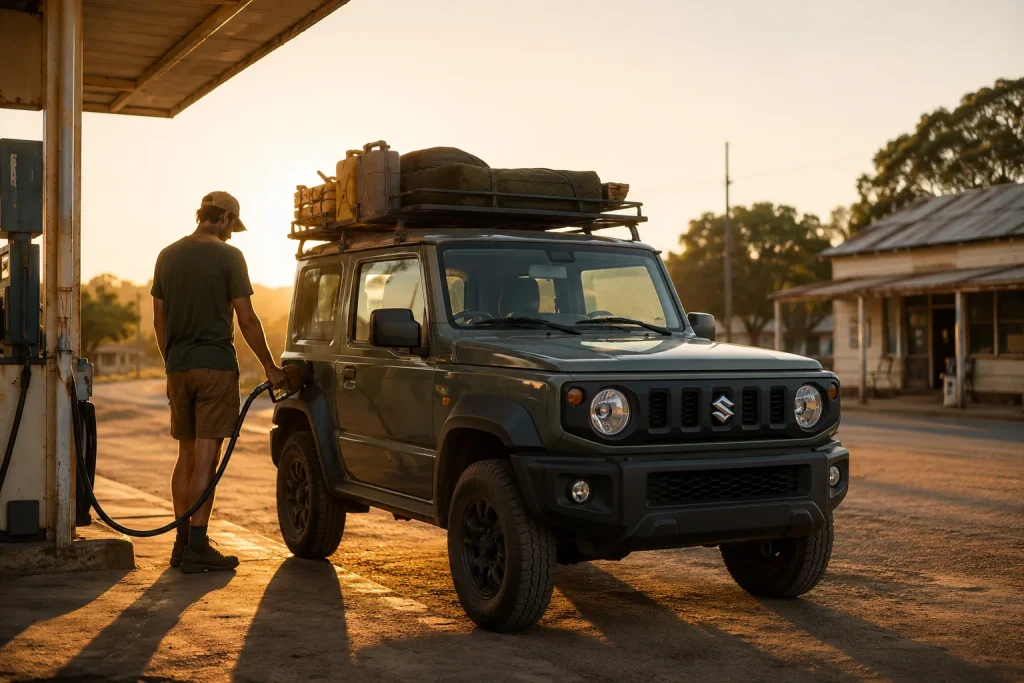 Suzuki Jimny refuelling at a rural filling station