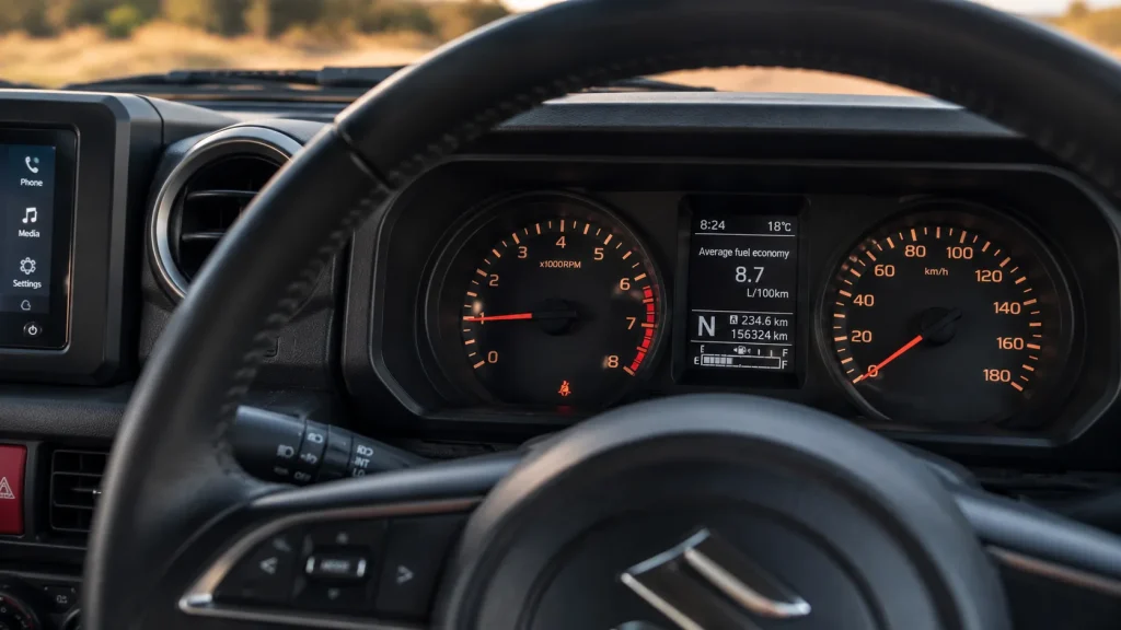 Suzuki Jimny odometer showing high mileage in a clean cabin