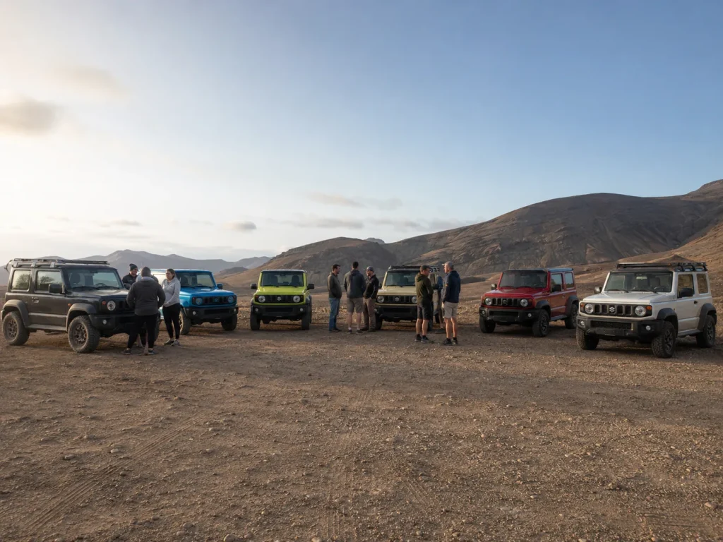 Row of Suzuki Jimnys and their owners at a 4x4 club gathering