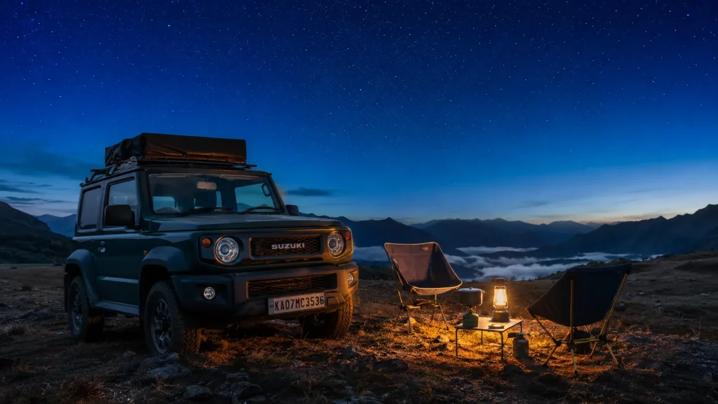 Suzuki Jimny at a remote wild campsite at dusk