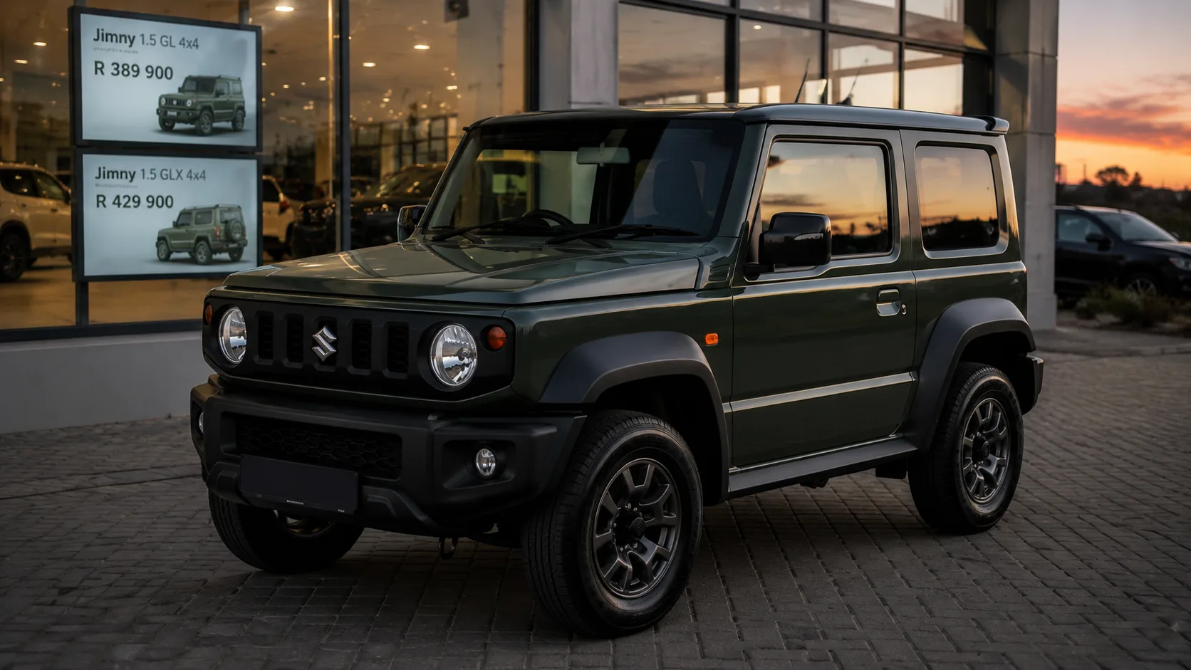Immaculate Suzuki Jimny parked outside a dealership at dusk