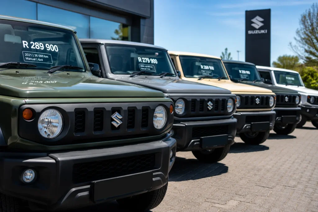 Row of used Suzuki Jimnys for sale on a dealer forecourt