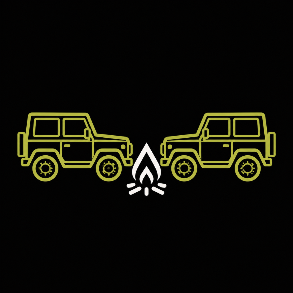 Community icon — two Jimnys parked nose to nose at a campfire