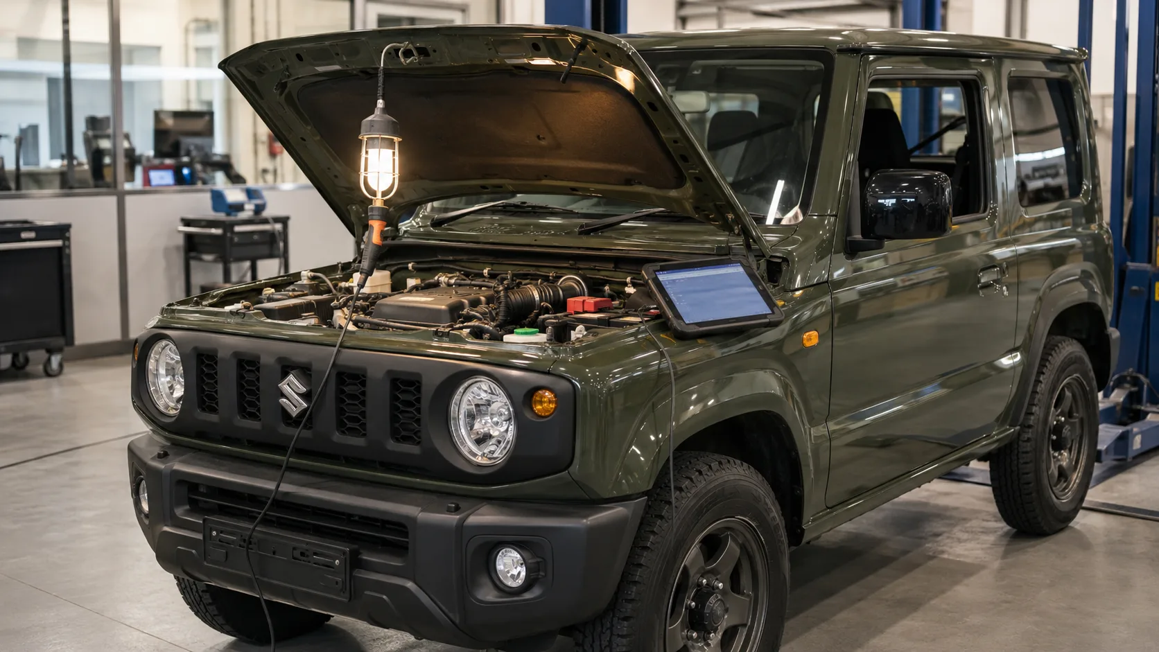 Suzuki Jimny JB74 with its bonnet raised being inspected for common faults with a diagnostic tablet