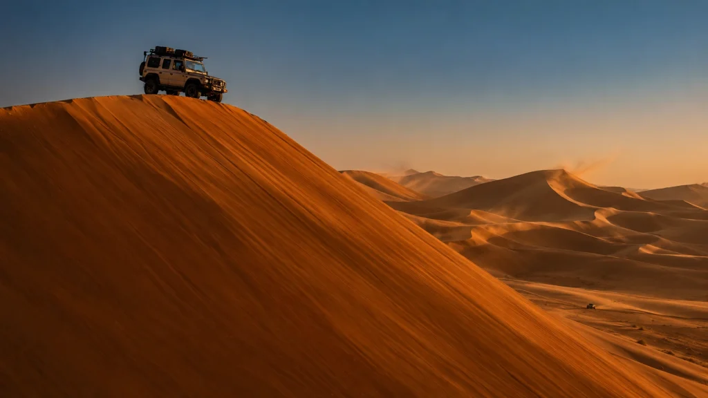A Jimny cresting a towering orange sand dune in the UAE's Empty Quarter desert