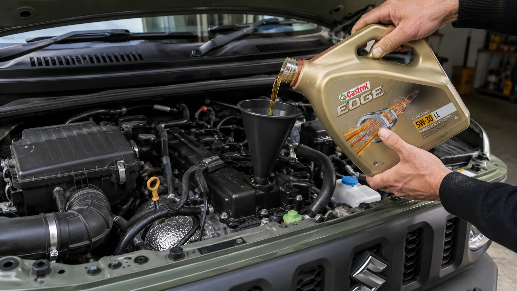 Fresh synthetic engine oil being poured through a funnel into a Suzuki Jimny engine