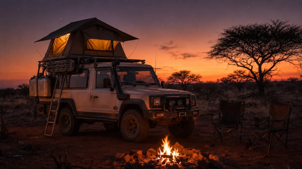 A fully kitted Jimny overland rig at a remote wilderness campsite at dusk