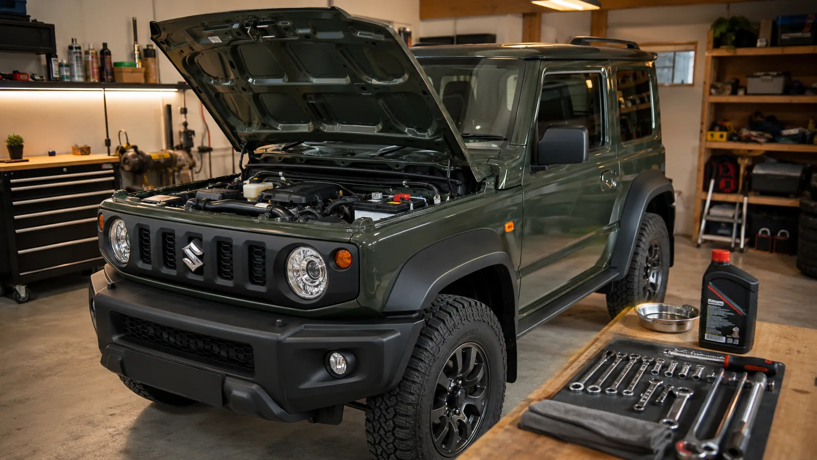 Suzuki Jimny with all-terrain tyres beside a spare wheel and tool set on a mountain overlook