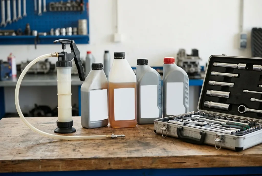 Drivetrain fluids and filler pump on a workshop bench