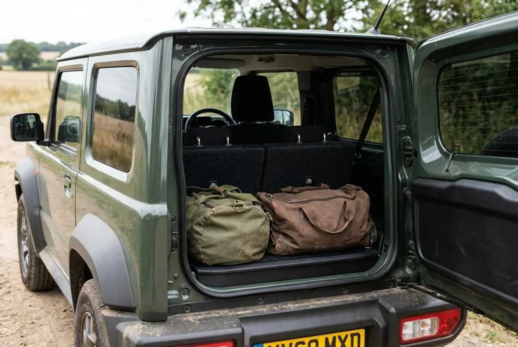 Open tailgate of a three-door Suzuki Jimny showing its small boot
