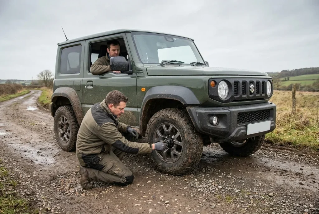Testing 4WD engagement on a used Jimny test drive