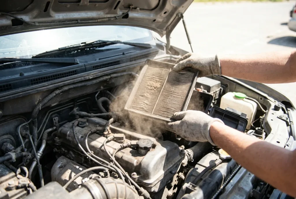 Lifting a dusty air filter from a Suzuki Jimny airbox