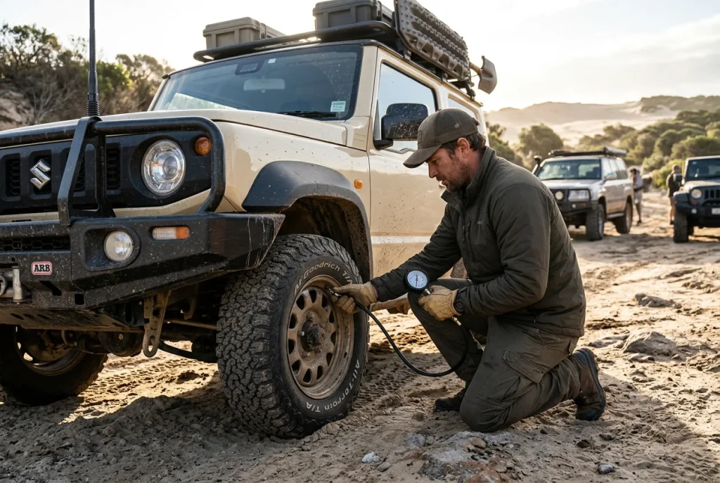 Airing down Suzuki Jimny tyres at a trailhead