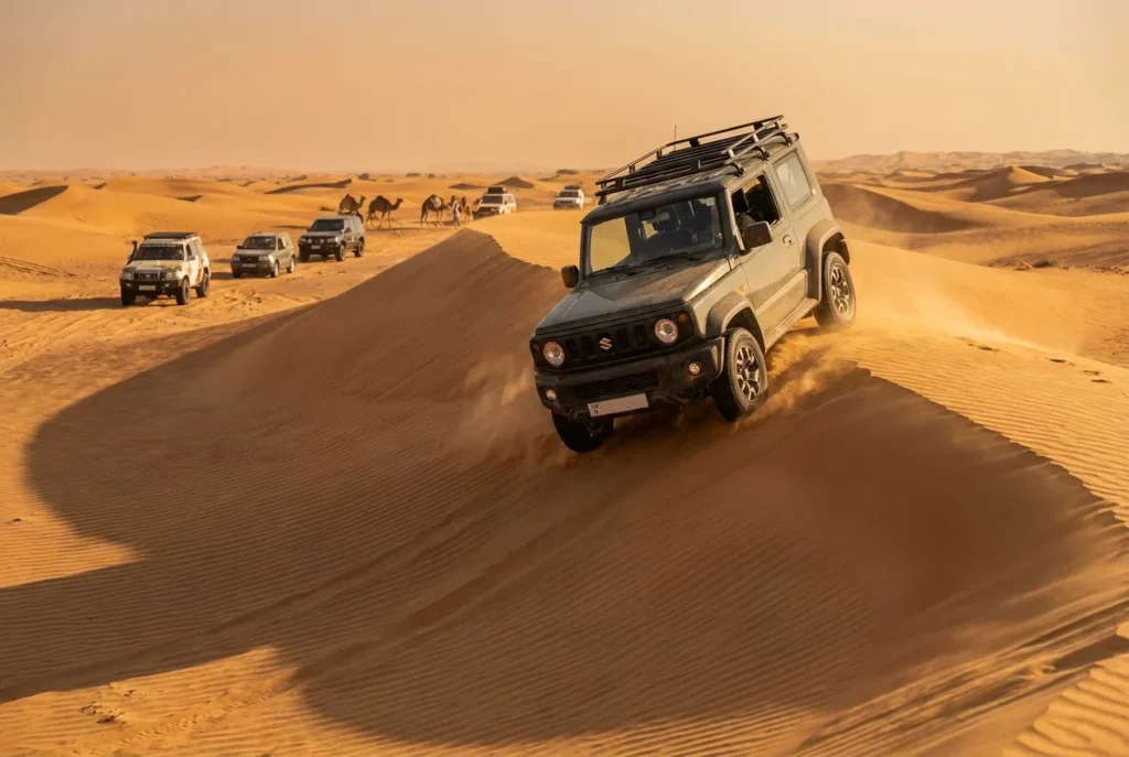 Suzuki Jimny cresting an Arabian dune at sunset