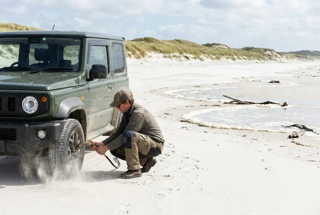 Letting air from Jimny tyres on a wide beach