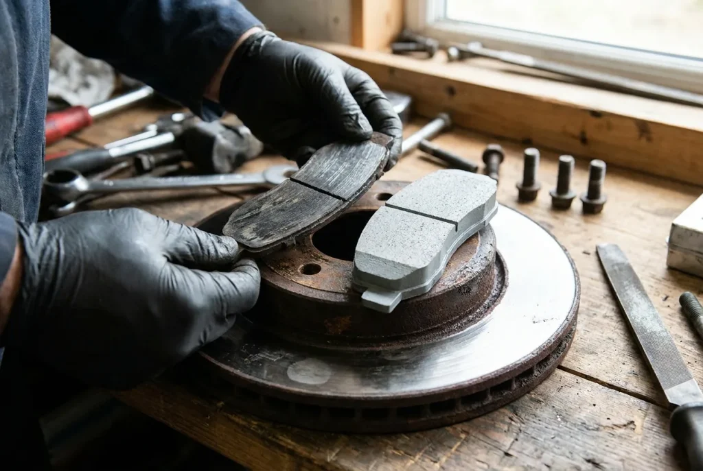 Worn and new Jimny brake pads compared