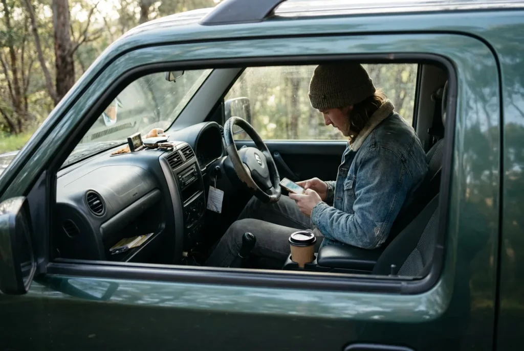 Browsing a Jimny owners forum from the driver seat