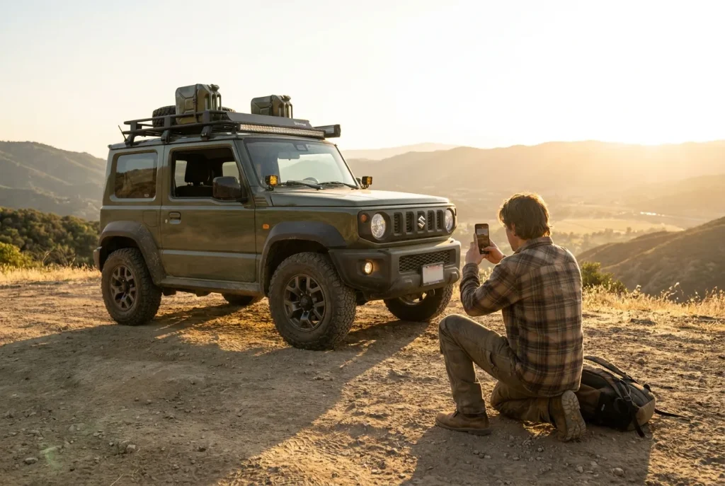 Owner photographing their Jimny build at golden hour