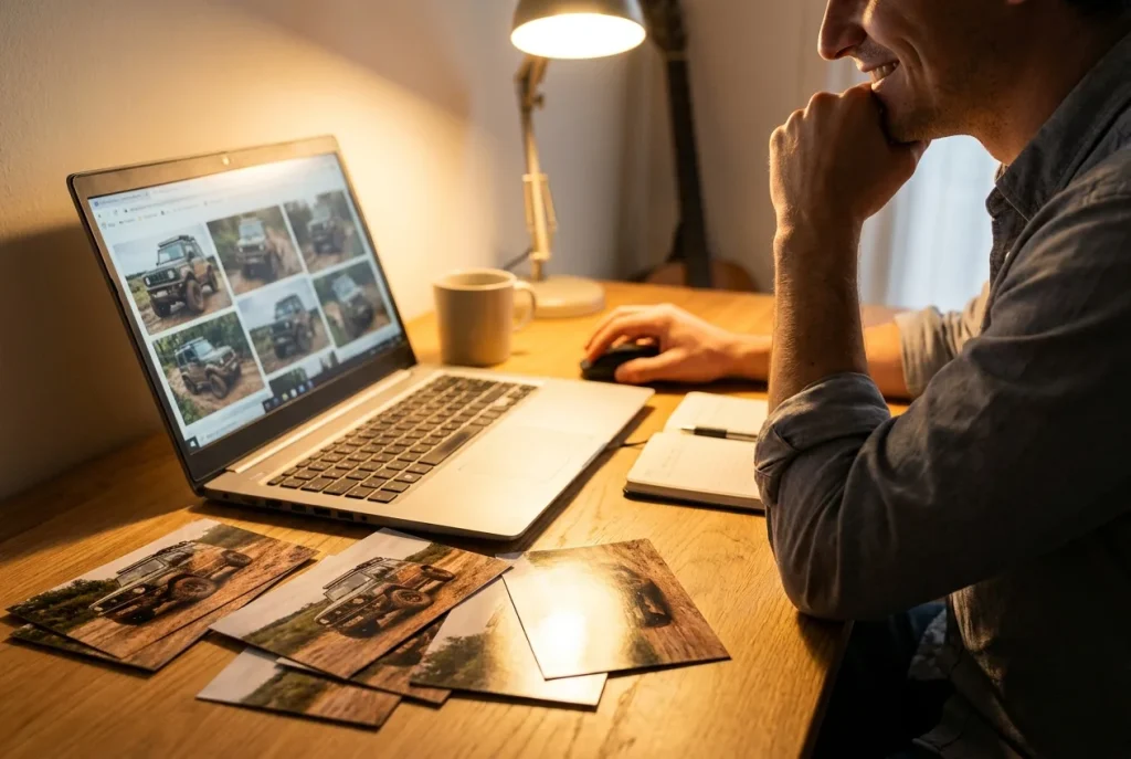 Selecting Jimny build photos on a laptop