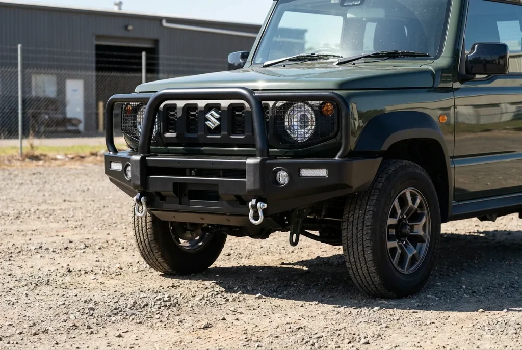 Black steel bull bar fitted to a Suzuki Jimny