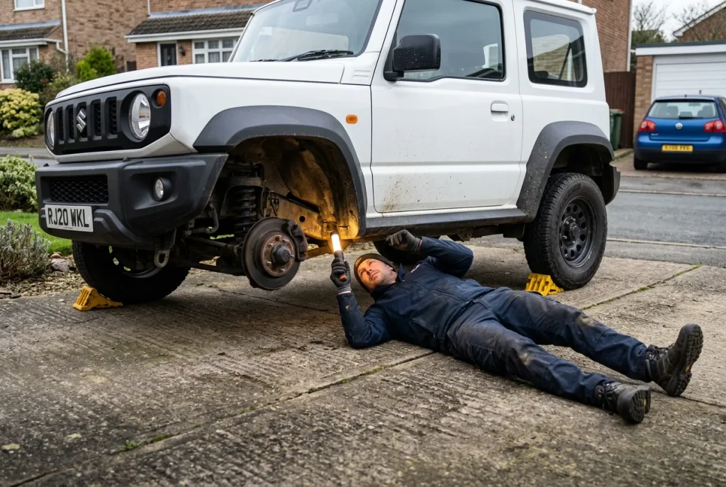 Inspecting a used Jimny chassis for rust with a torch