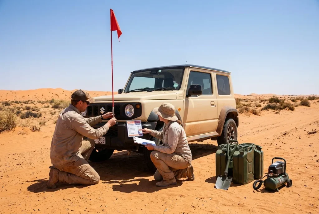 Fitting a sand flag and laying out desert safety gear