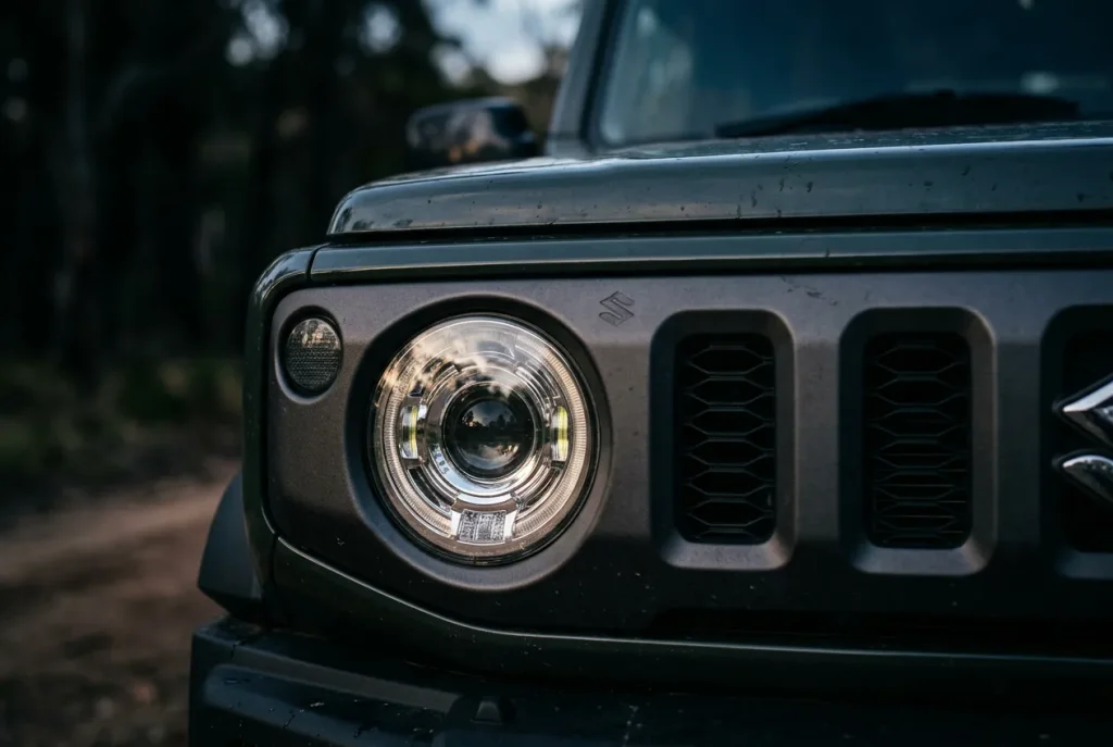 Close-up of the Suzuki Jimny round headlight and five-slot grille