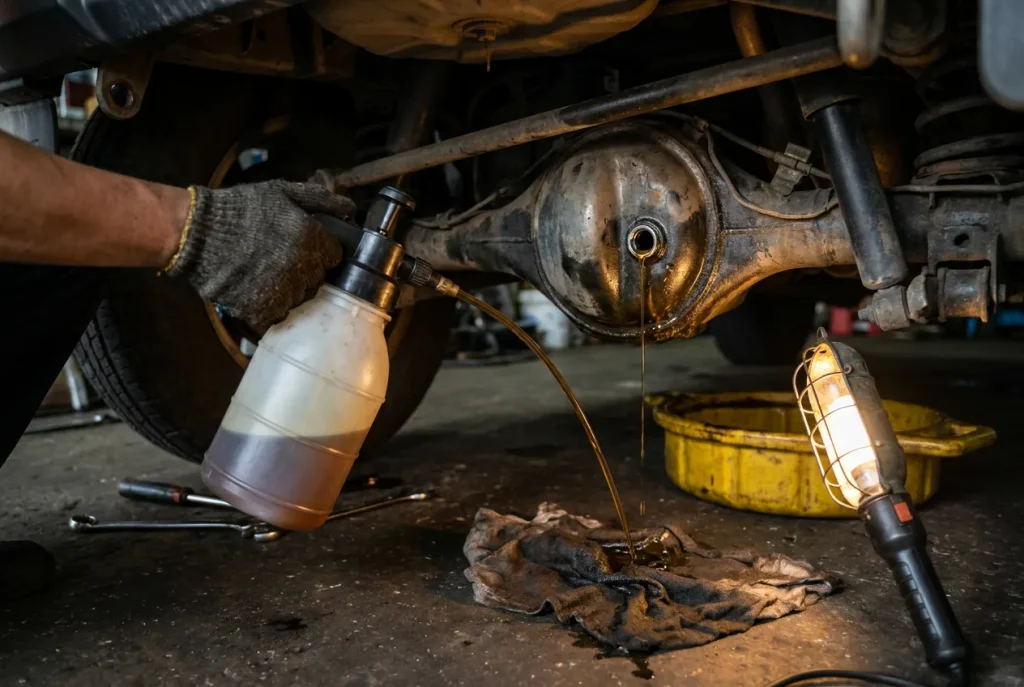 Pumping fresh gear oil into a Jimny differential