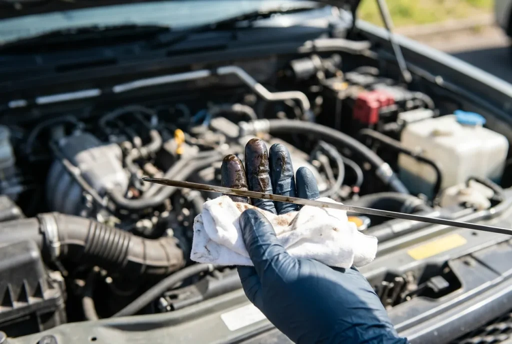 Checking used oil colour from a Jimny dipstick
