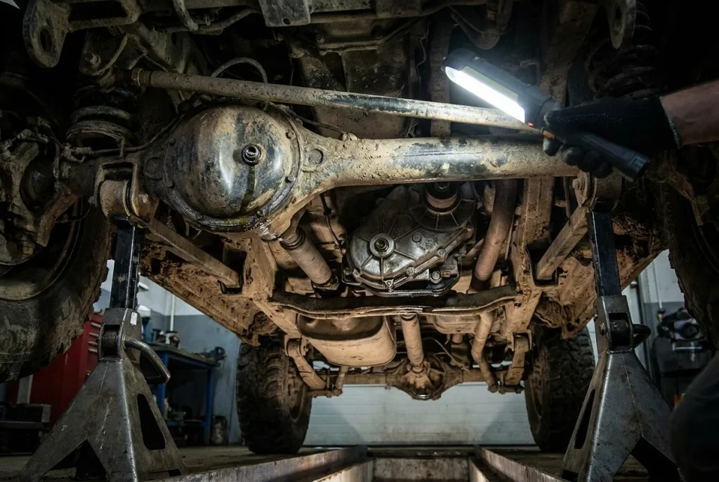 The drivetrain service points under a Suzuki Jimny