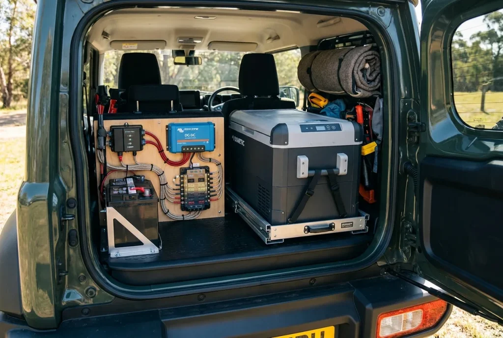 Dual battery system installed in a Jimny boot