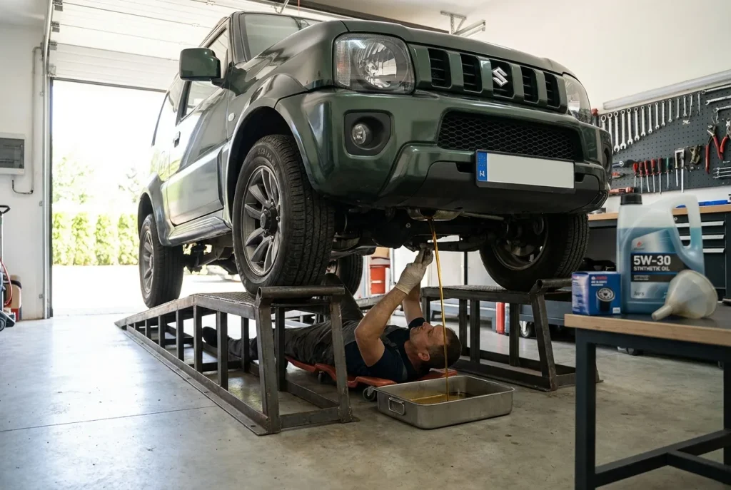 Draining engine oil on a Suzuki Jimny in a home garage