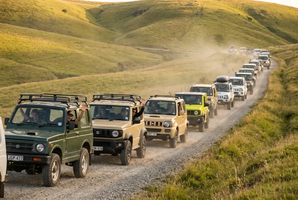 Convoy of Jimnys driving to an online-organised meet