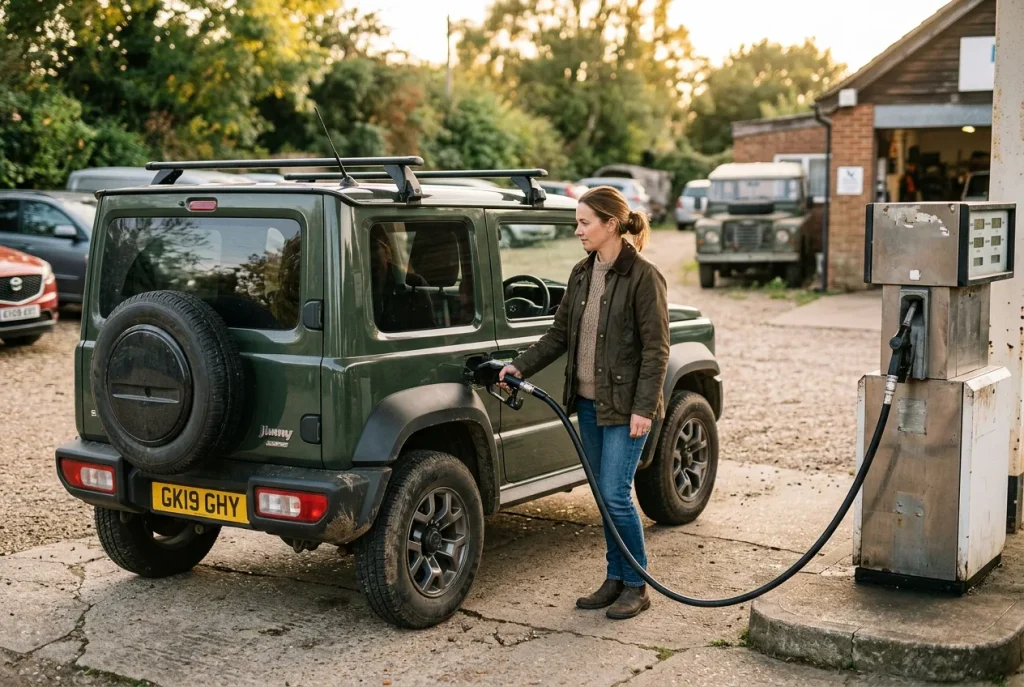 Refuelling a Suzuki Jimny at a small-town filling station