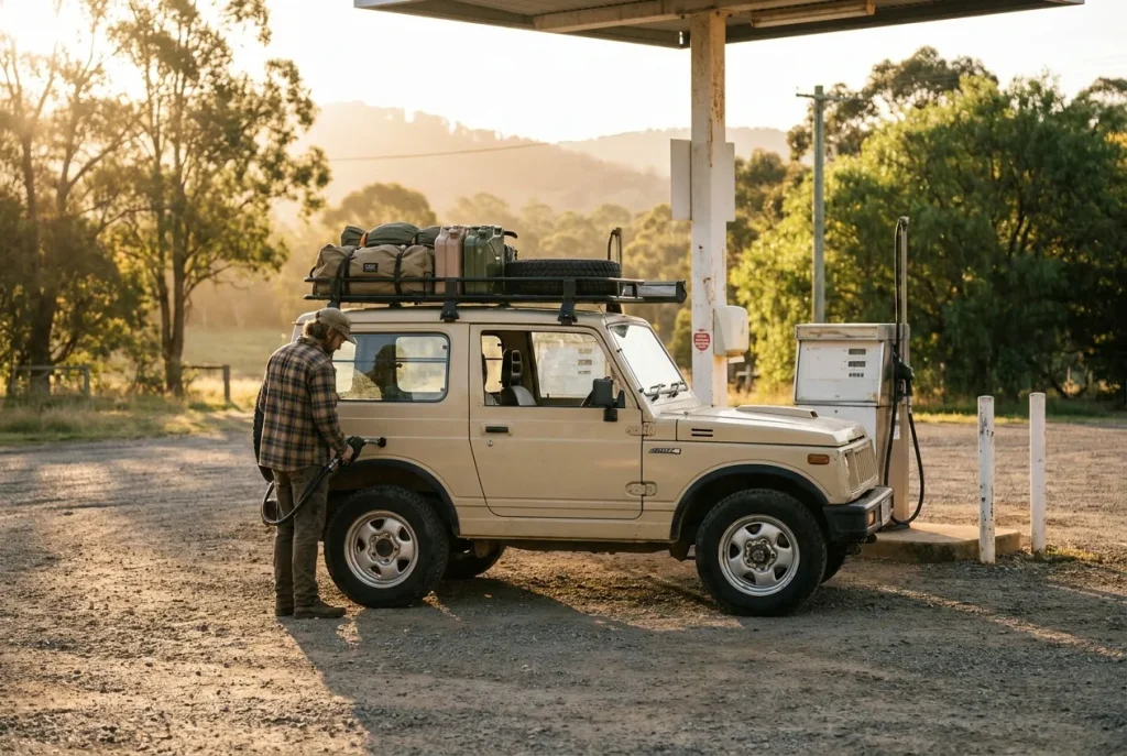 Suzuki Jimny refuelling at a rural filling station