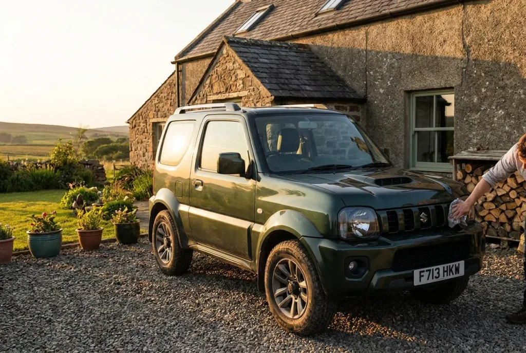 Well-kept older Suzuki Jimny JB43 outside a rural home