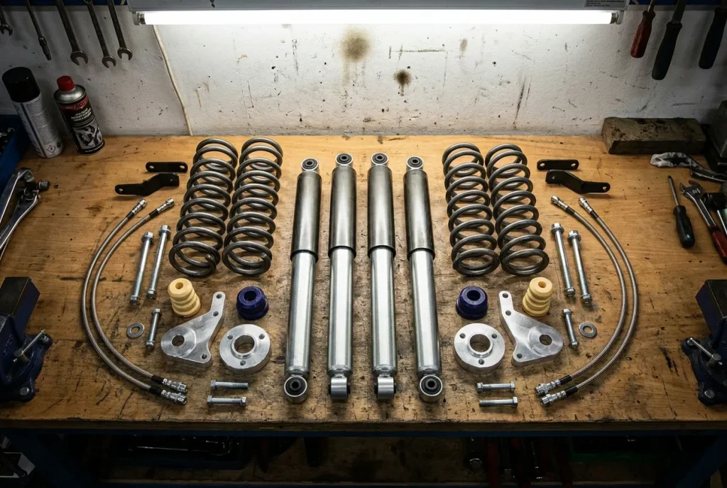 Complete Jimny lift kit laid out on a workshop bench