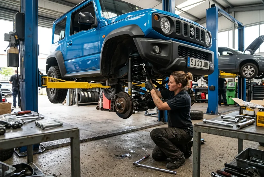 Fitting new suspension to a Suzuki Jimny on a hoist