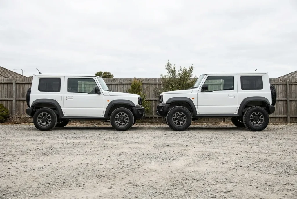 Lifted Suzuki Jimny beside a stock-height example