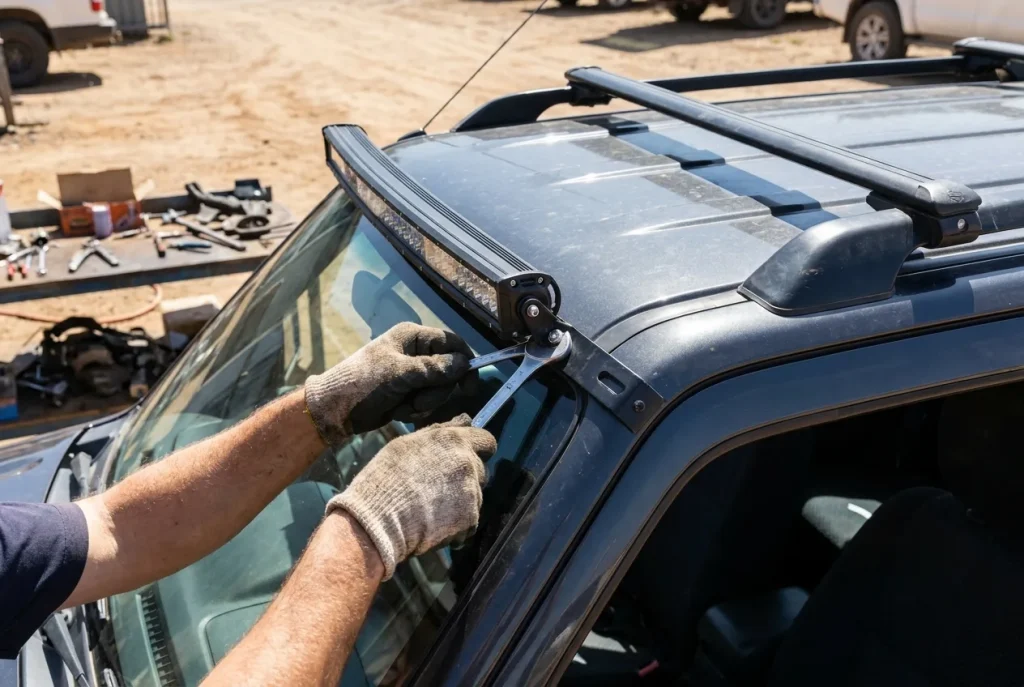 Bolting an LED light bar above a Jimny windscreen