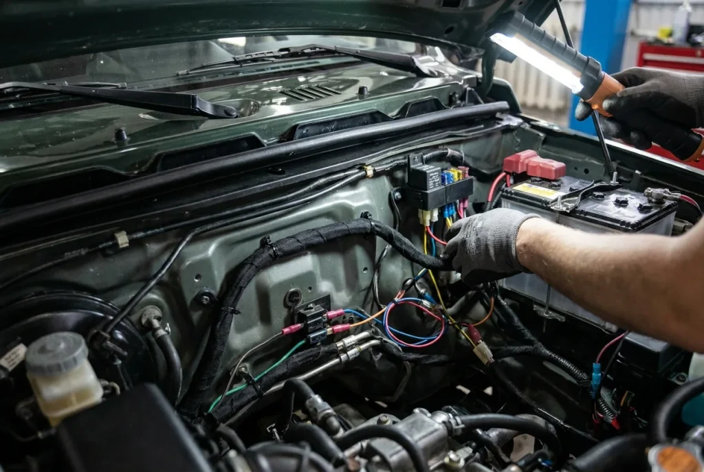 Wiring an auxiliary light relay in a Jimny engine bay