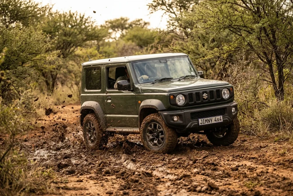 Suzuki Jimny powering through deep mud with momentum