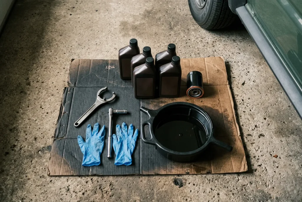 Oil change supplies laid out on a garage floor