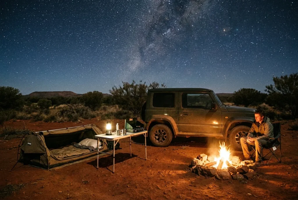 Suzuki Jimny camped under an outback starry sky
