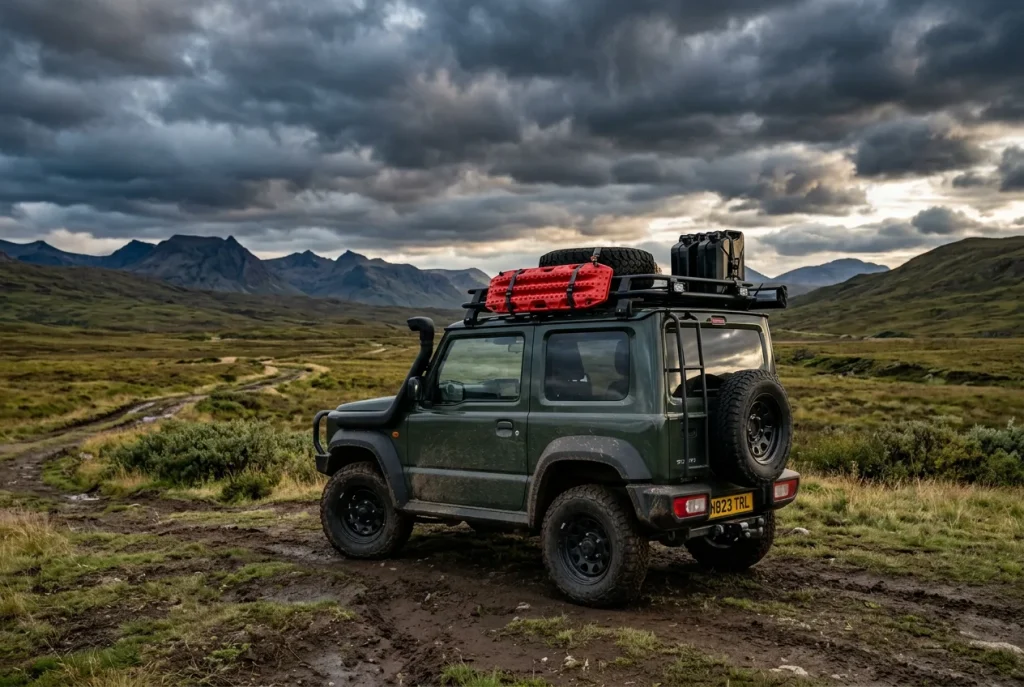 Fully equipped Jimny expedition rig on a remote plain