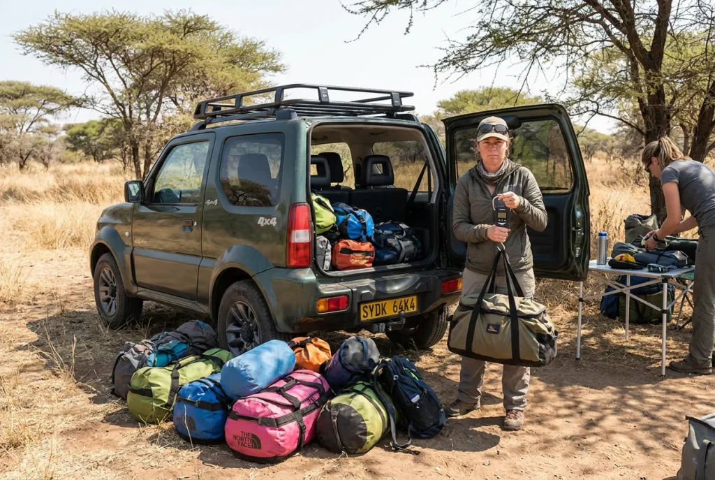 Weighing gear while packing a Jimny for overlanding