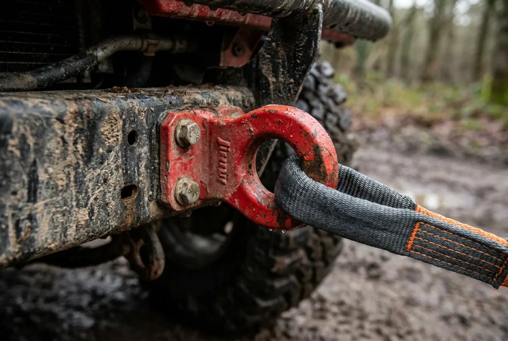Rated recovery point with soft shackle on a Jimny chassis
